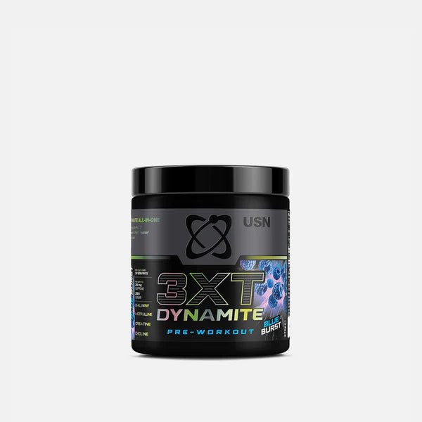 Black pre-workout supplement container labeled '3XT Dynamite' on a white background